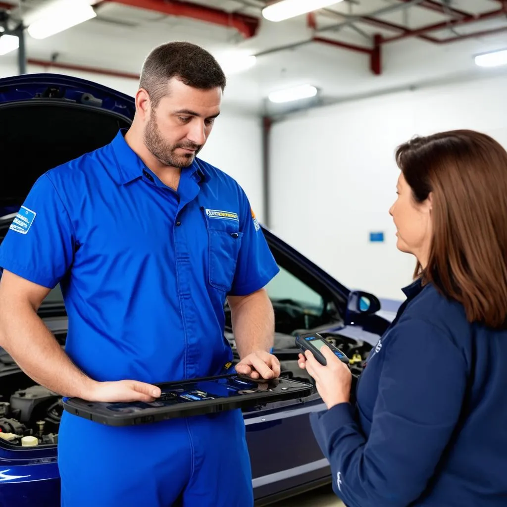 Mechanic explaining scan tool to customer