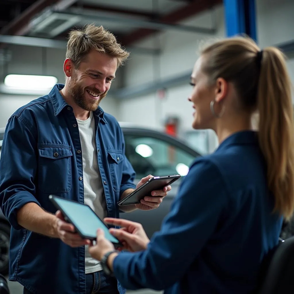 A mechanic assisting a customer in choosing a car tablet holder at a repair shop