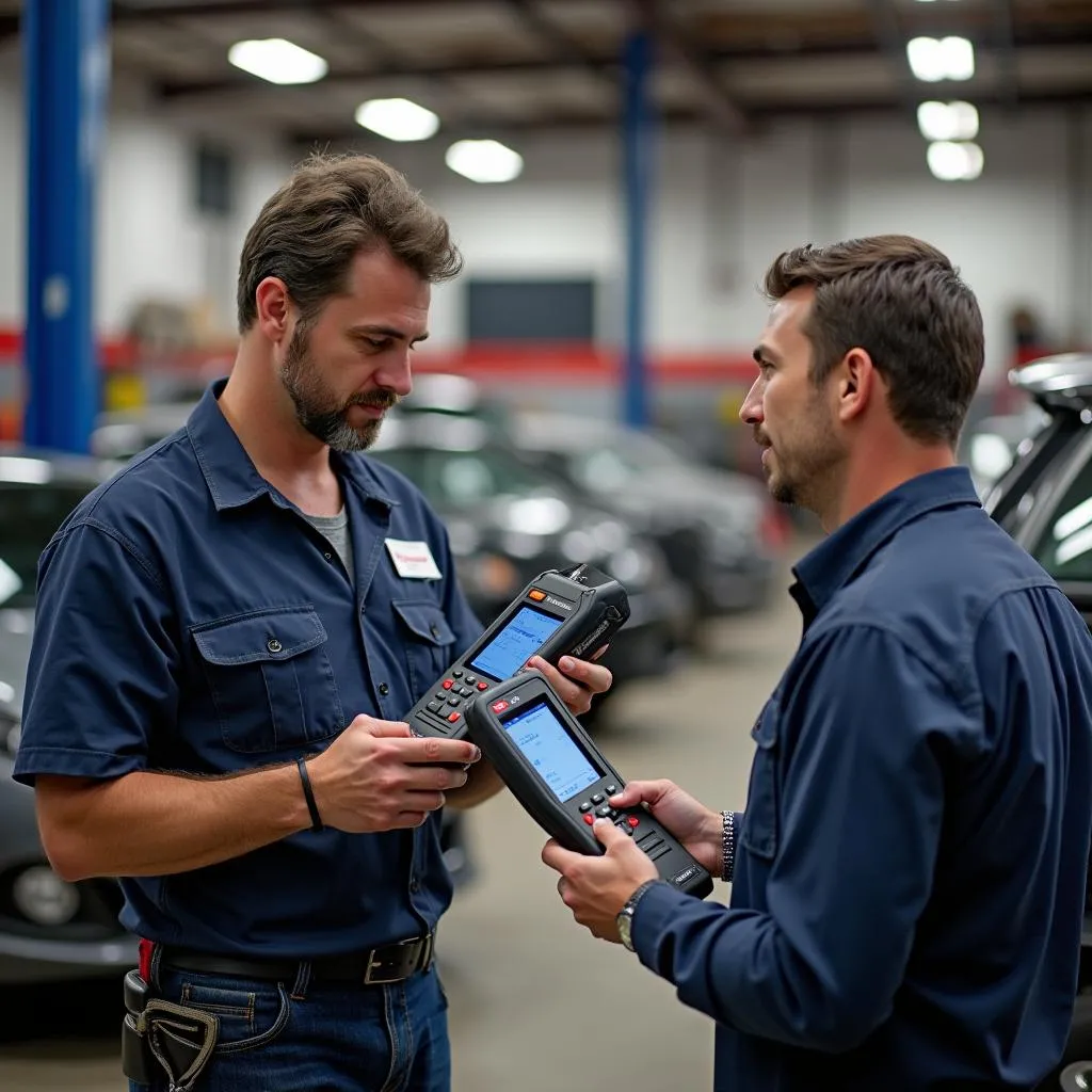 A mechanic advising a customer on choosing the right on-demand scanning tool.