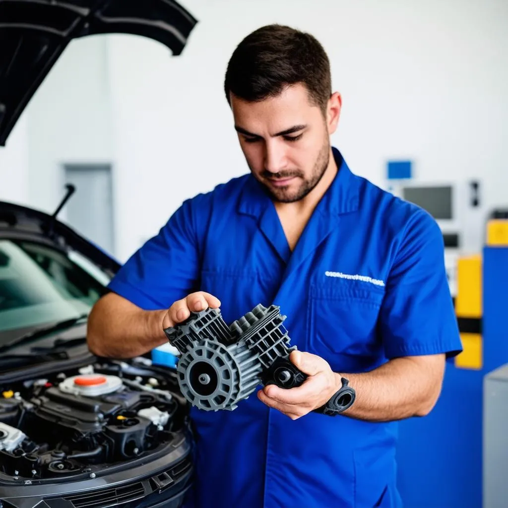 Mechanic Holding 3D Printed Engine Part