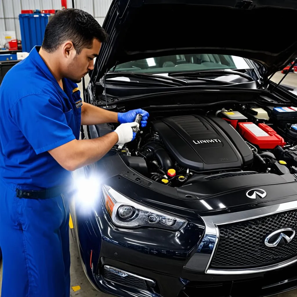 Mechanic inspecting the engine of an Infiniti car