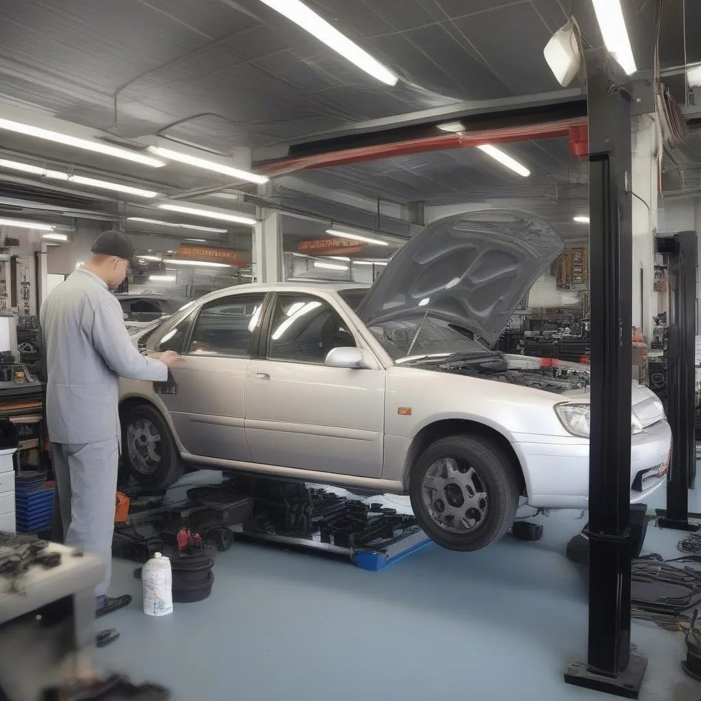 Mechanic inspecting car suspension