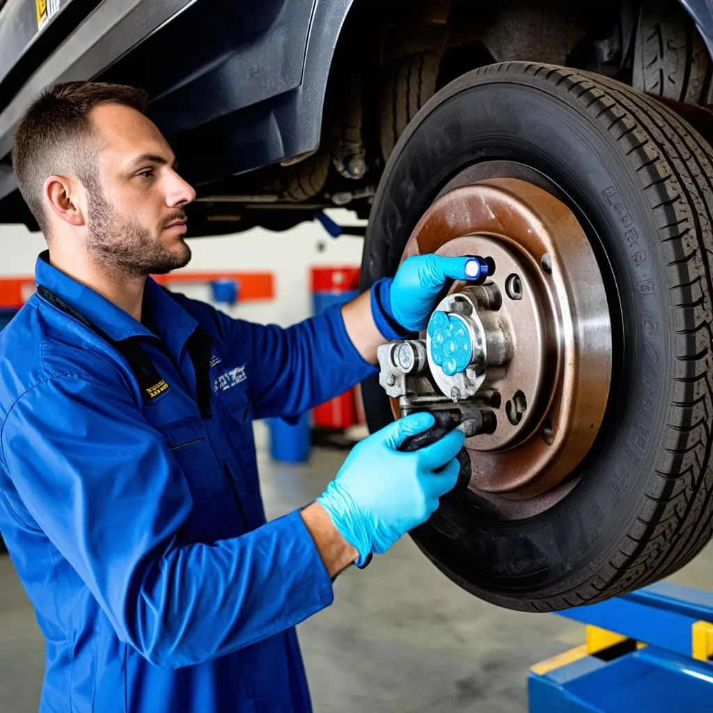 Mechanic Inspecting Car Brakes