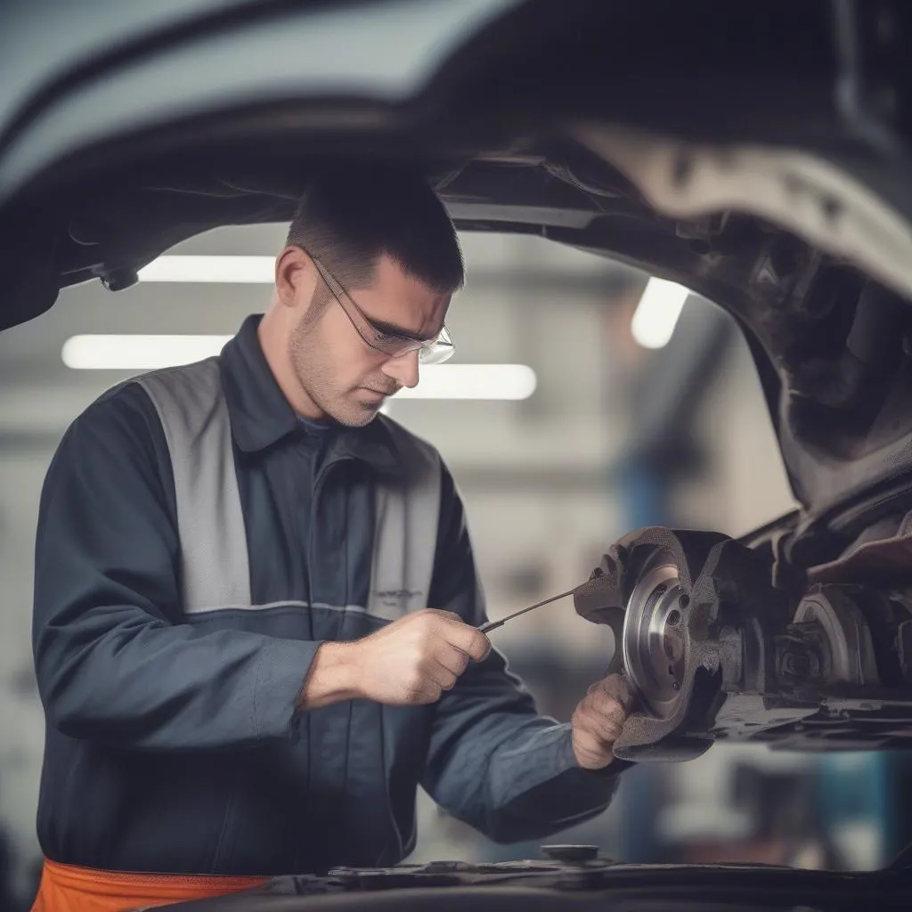 mechanic inspecting brakes