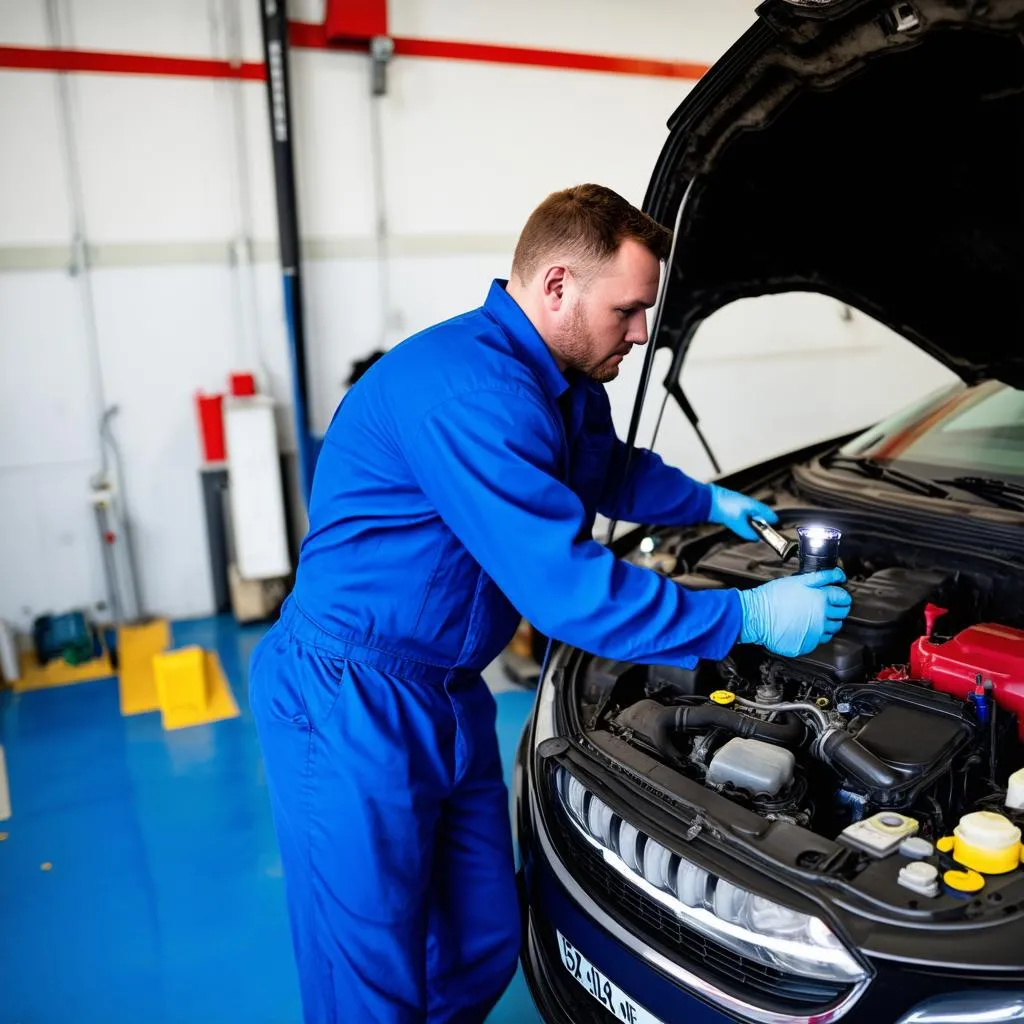 Mechanic inspecting a used car