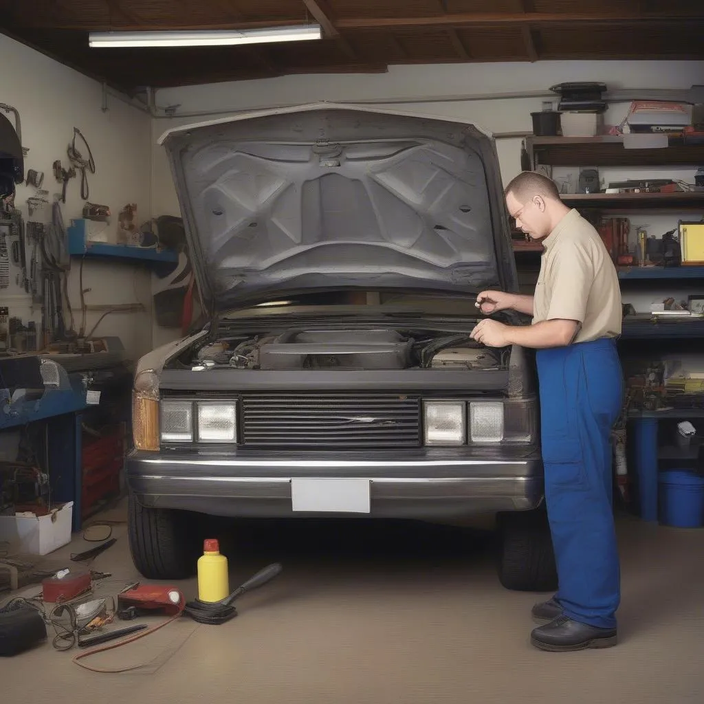 Mechanic inspecting used car