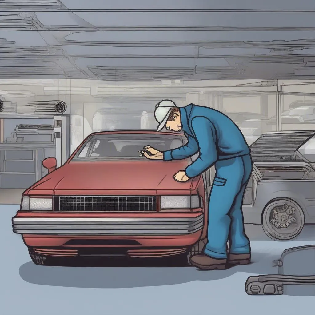 Mechanic inspecting car