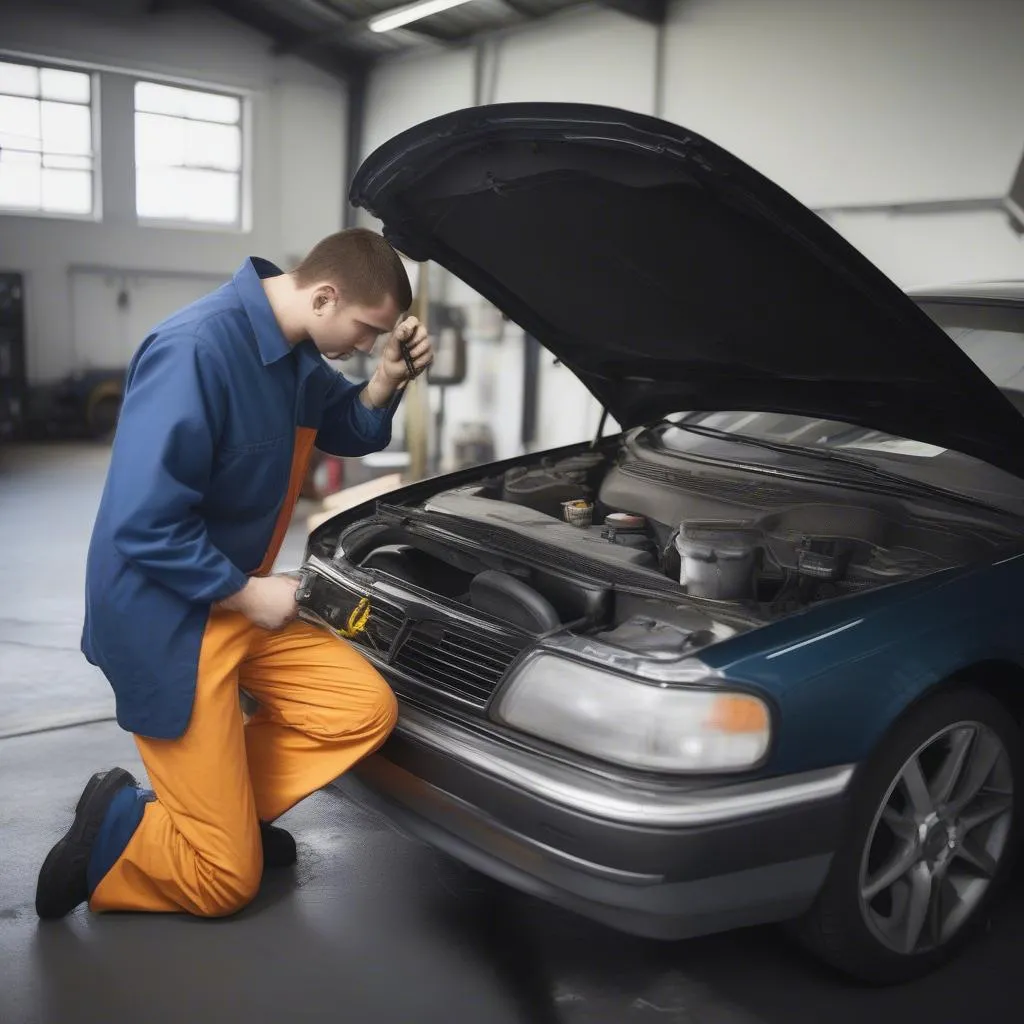 Mechanic Inspecting Car with Check Engine Light On