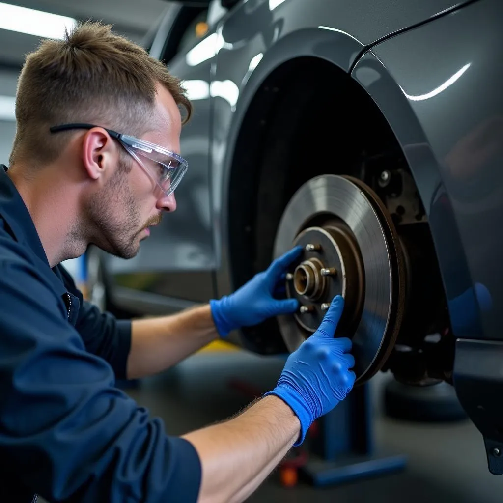 Mechanic inspecting car brakes in a garage