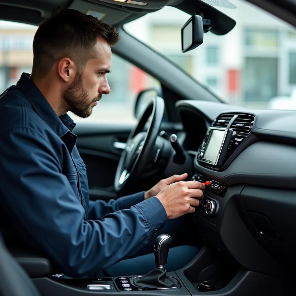 Mechanic Inspecting Car DVD Player