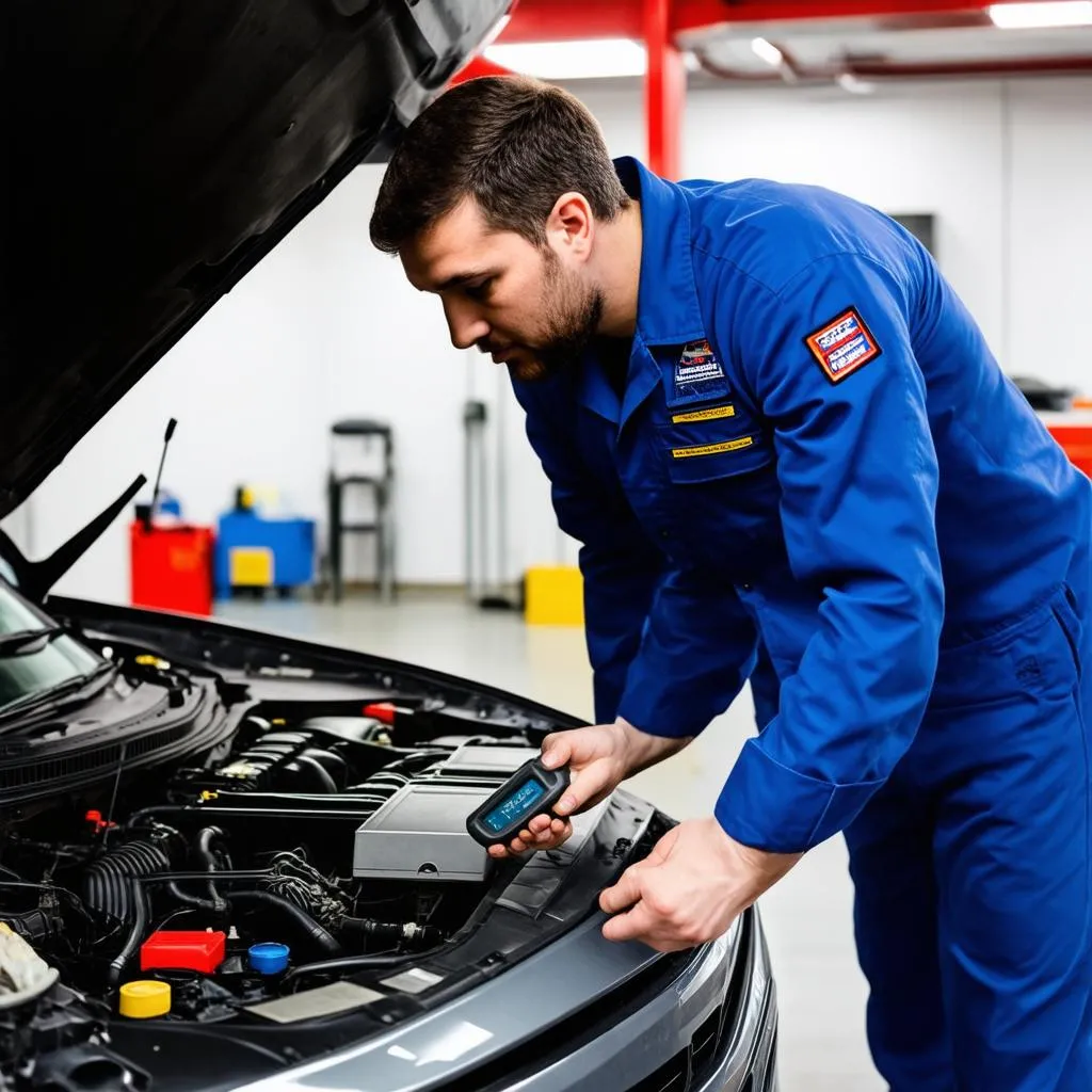 Mechanic inspecting a car engine in a repair shop