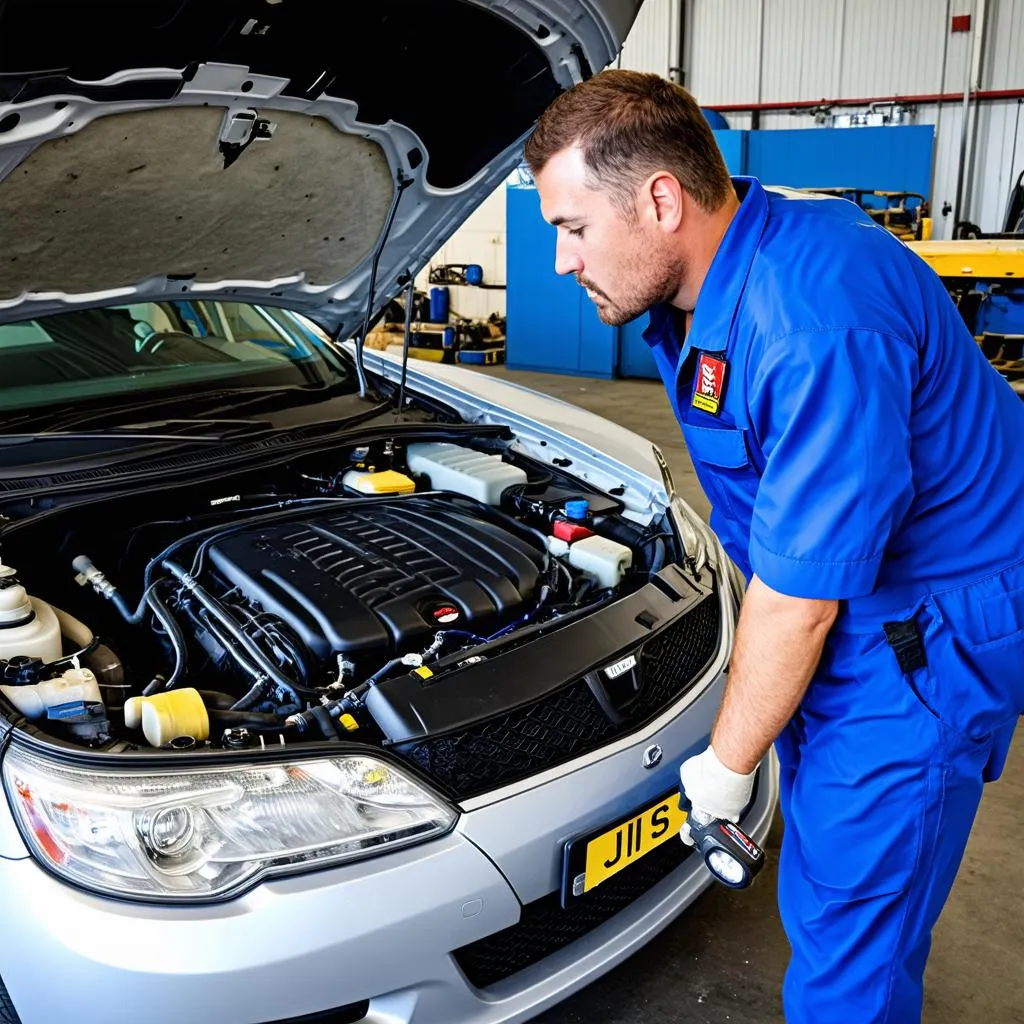 Mechanic Inspecting Car Engine for Leaks