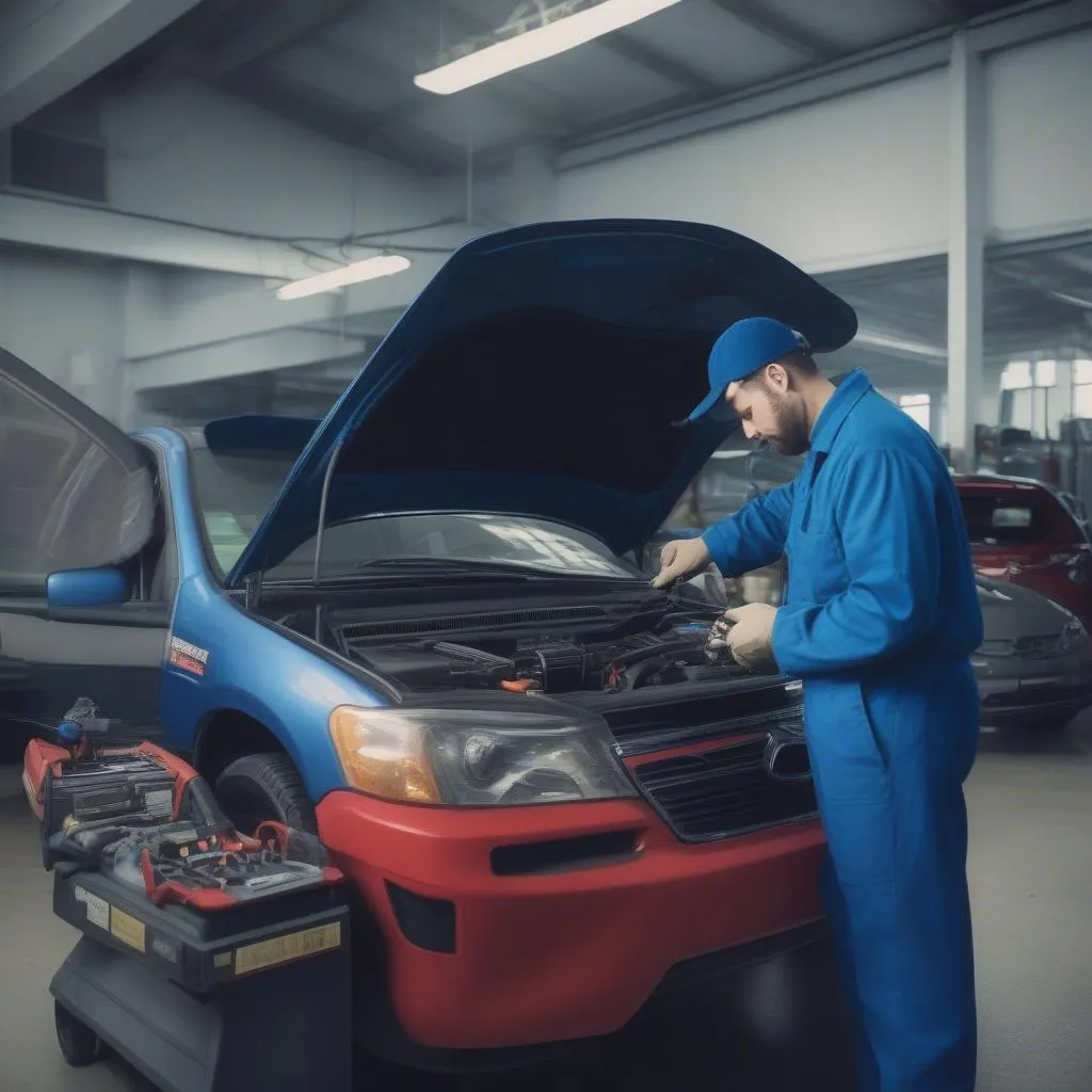 Mechanic inspecting car engine in auto repair shop