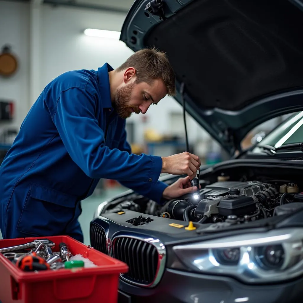 Mechanic Inspecting Car Engine