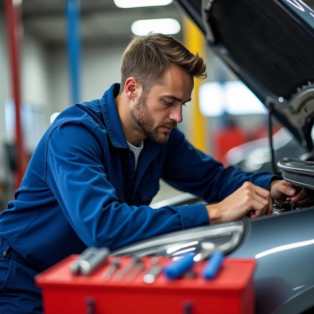 Mechanic Inspecting Car Engine