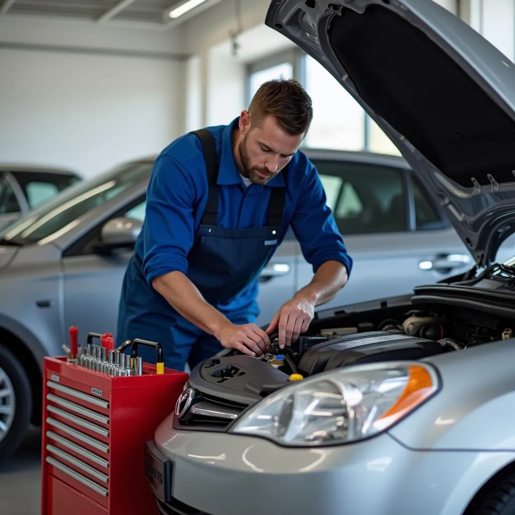 Mechanic Inspecting a Car Engine