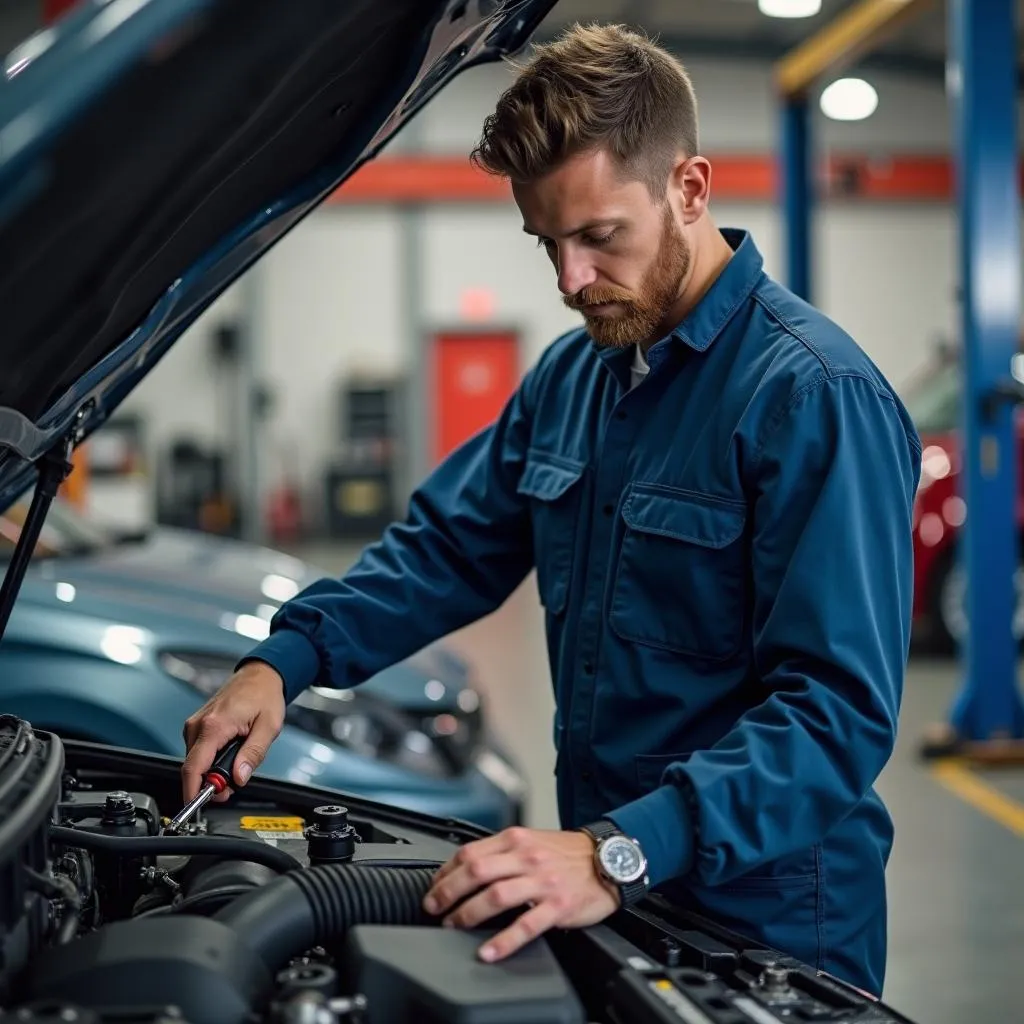 Mechanic inspecting a car engine in a repair shop