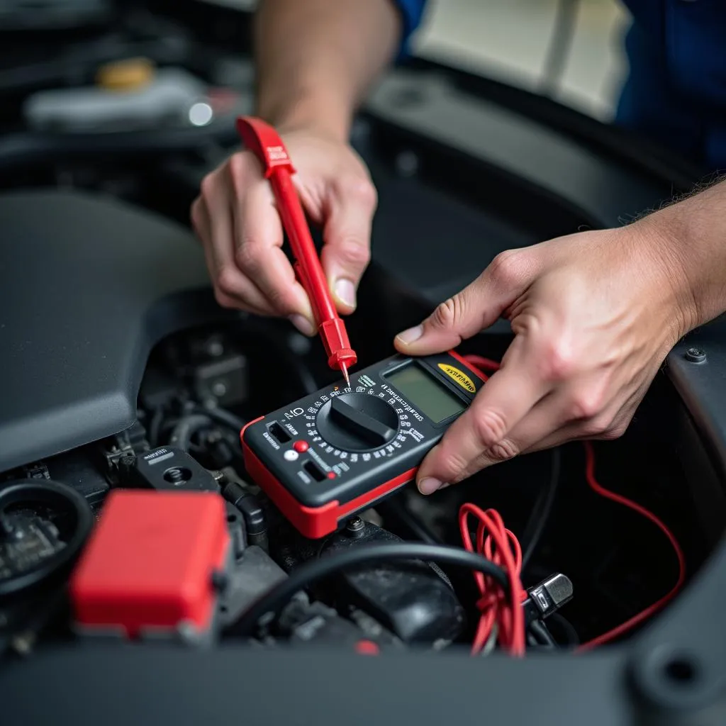 Mechanic inspecting a car engine's electrical system