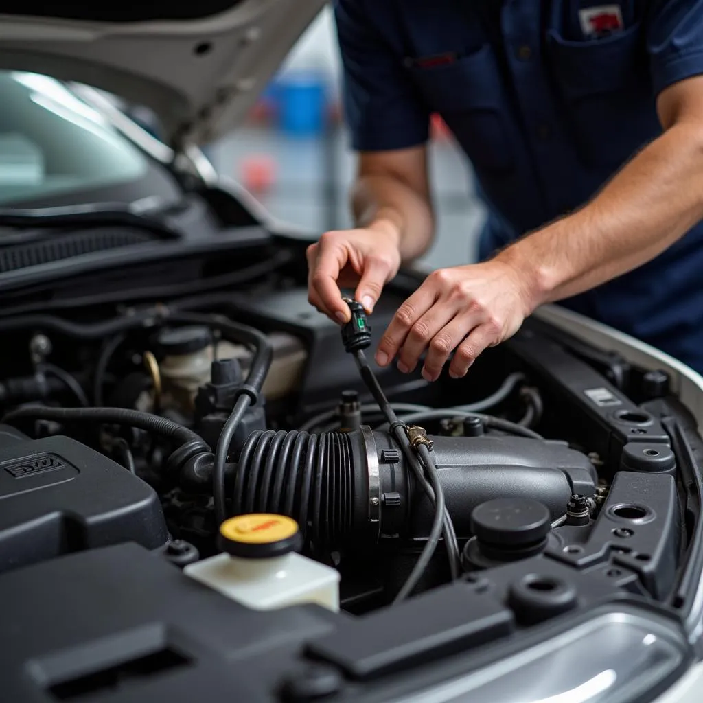 Mechanic inspecting a car engine for potential causes of a P2195 code