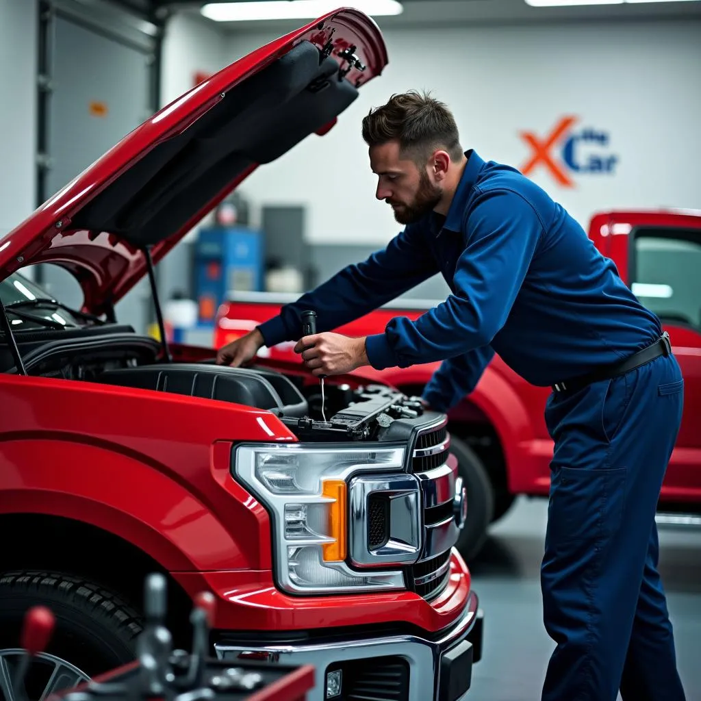 Mechanic inspecting car engine in a Lincoln, Nebraska garage