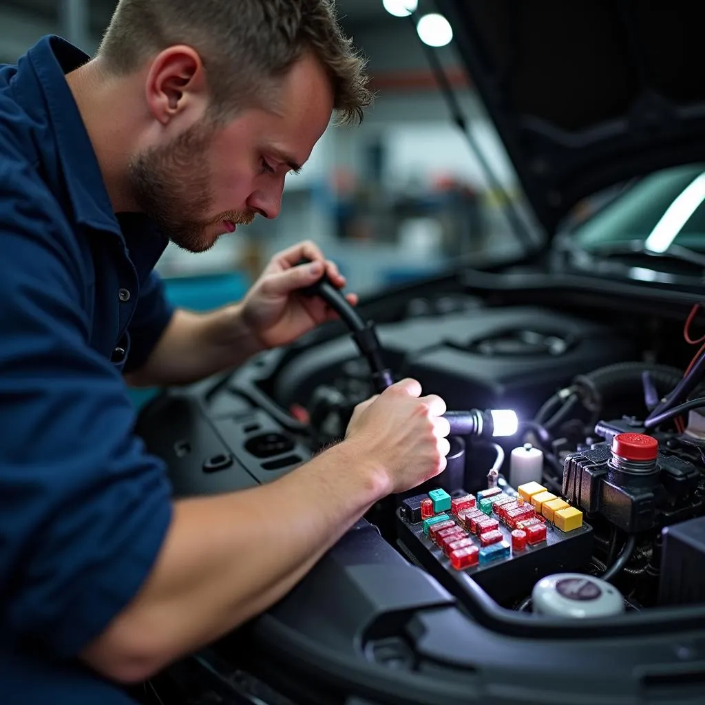 Mechanic inspecting a car fuse box