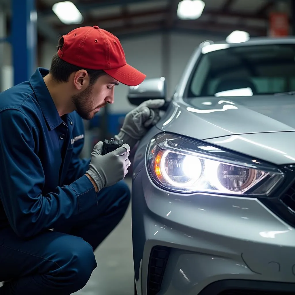 Mechanic inspecting car headlights