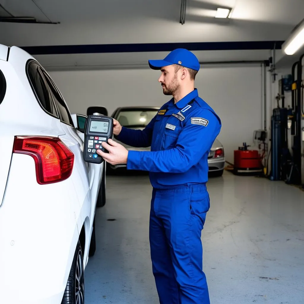 Mechanic inspecting car side sensor with a diagnostic tool