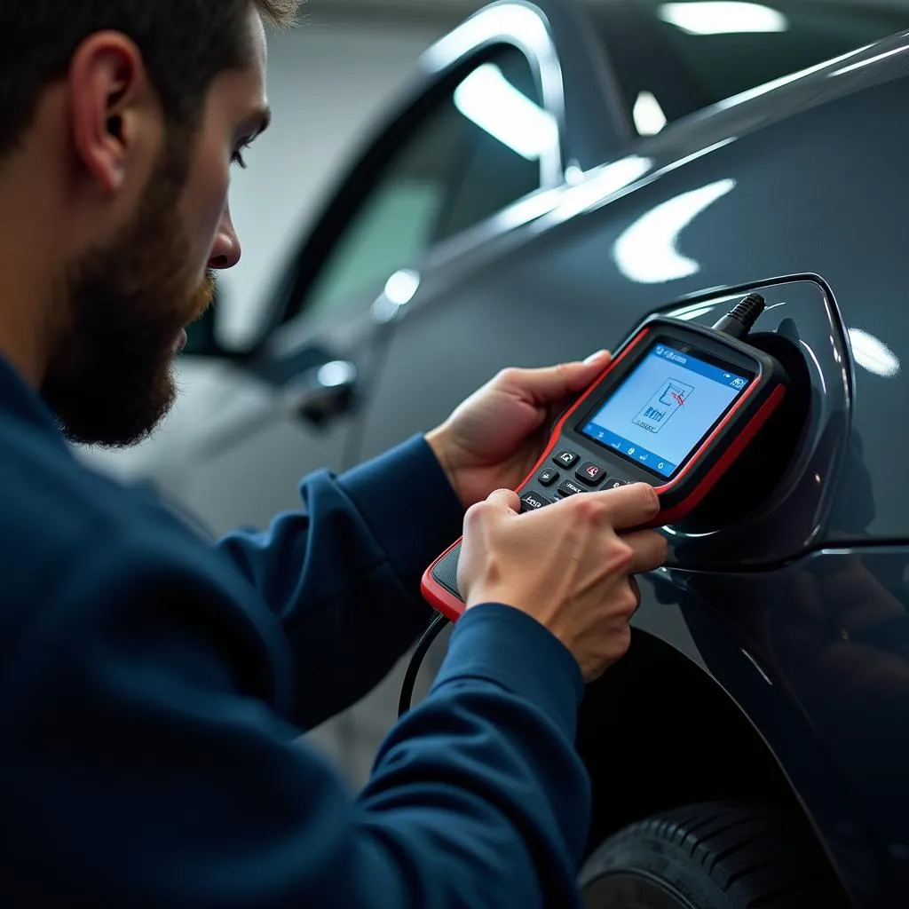 A mechanic using a diagnostic tool to inspect a car's software for potential security vulnerabilities.