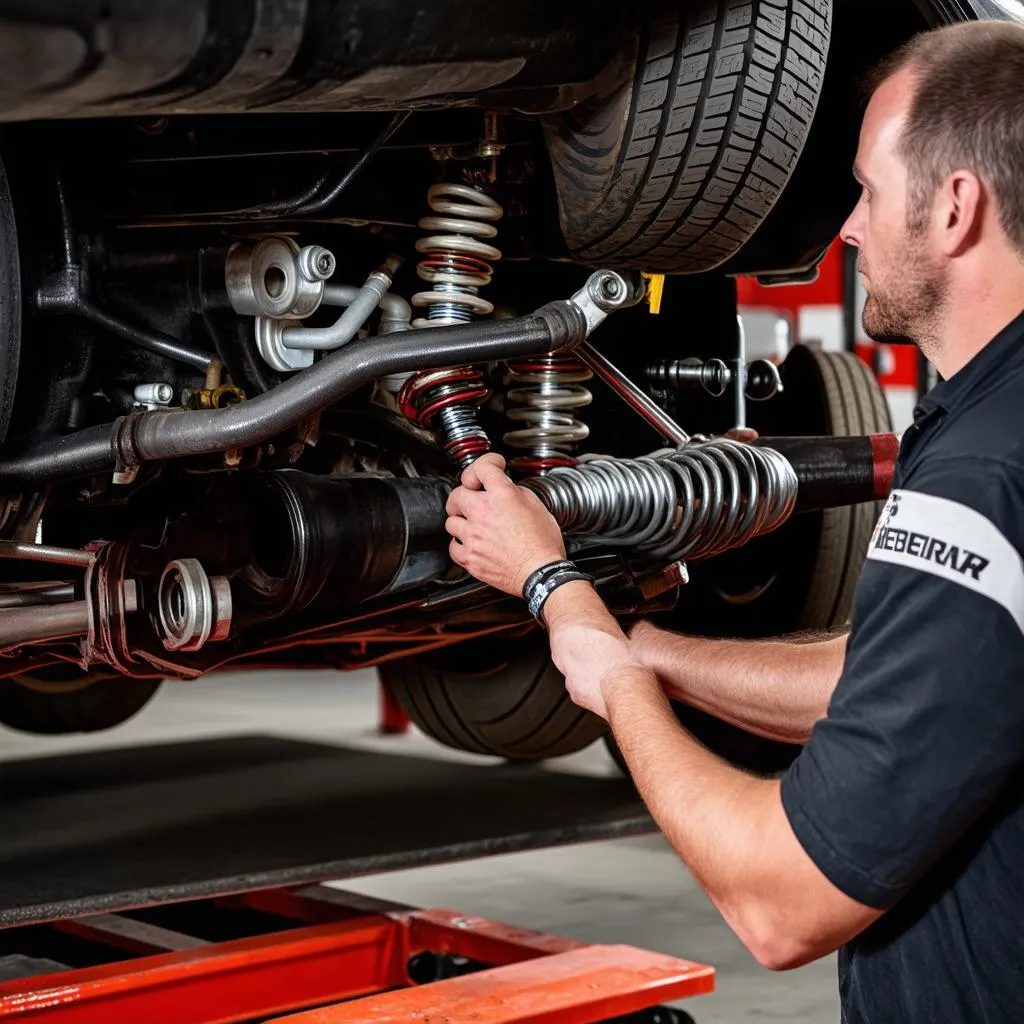 Mechanic Inspecting Car Suspension