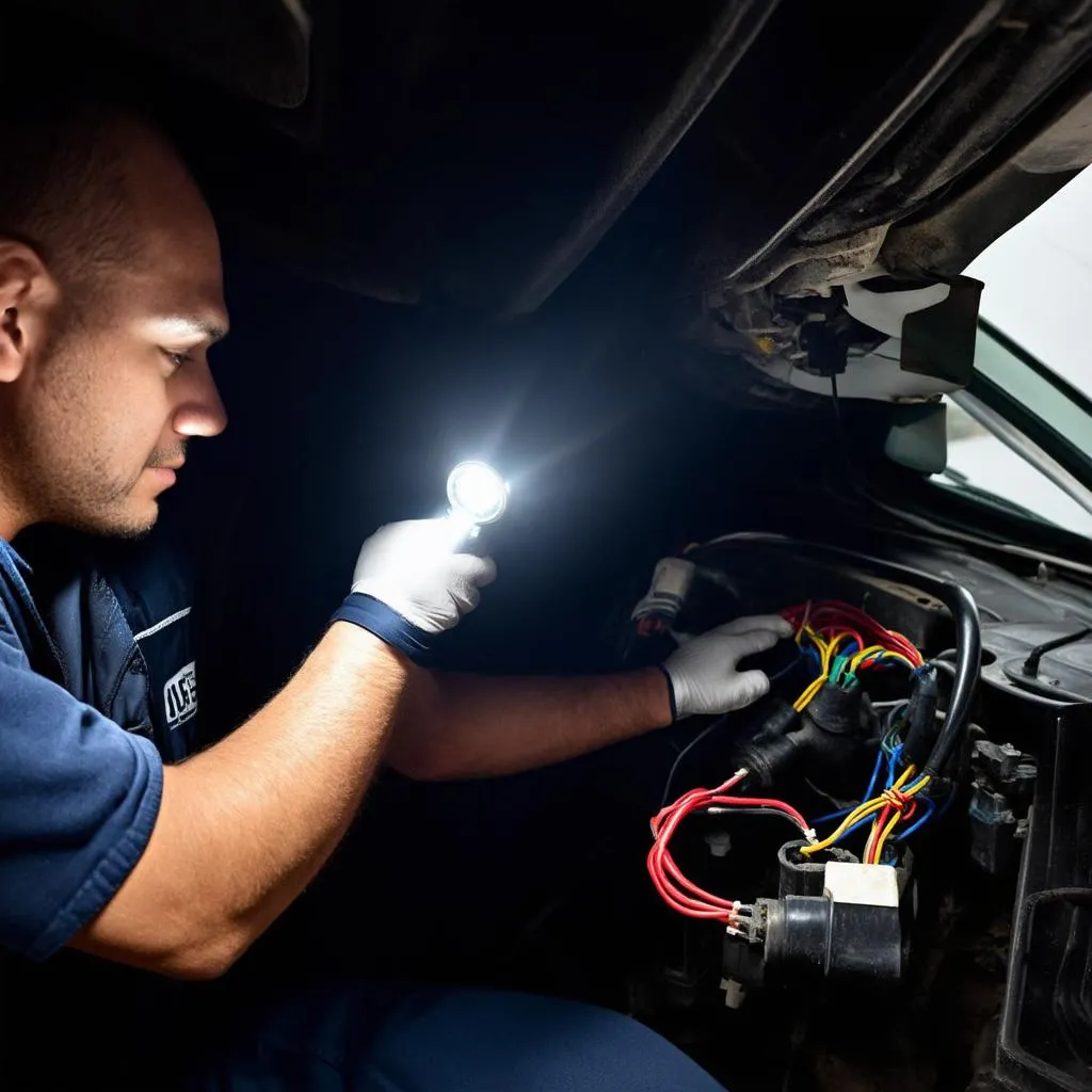 Mechanic inspecting a car's wiring harness