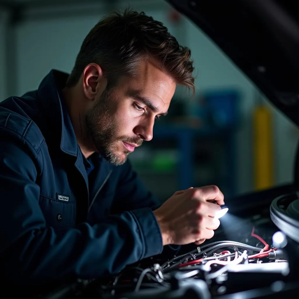 Mechanic checking car wiring harness for damage