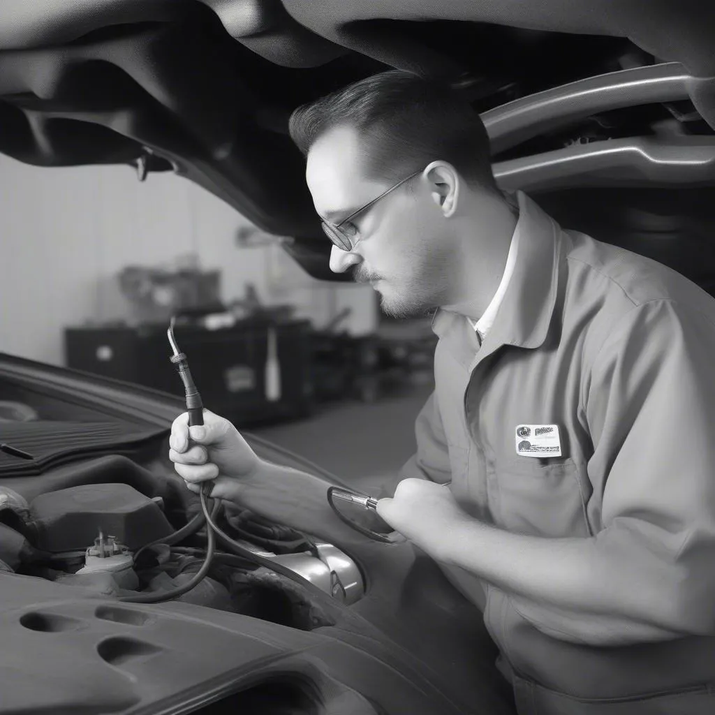 Mechanic Inspecting Catalytic Converter