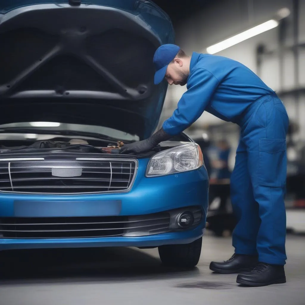 car mechanic inspecting engine