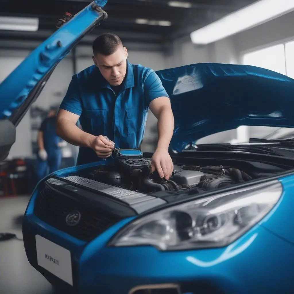 car mechanic inspecting engine for shaking