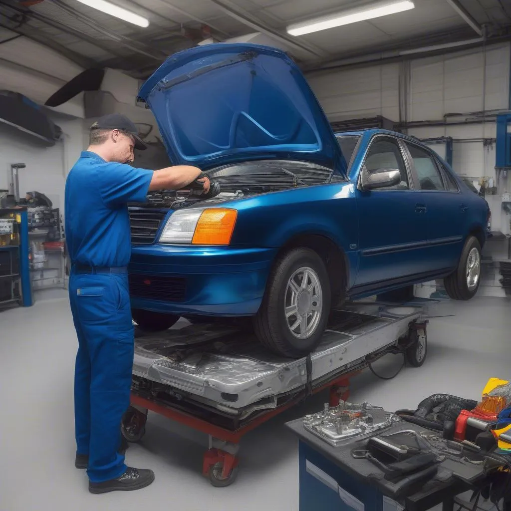 Mechanic inspecting car engine