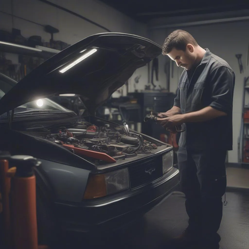 Mechanic meticulously inspecting a car engine