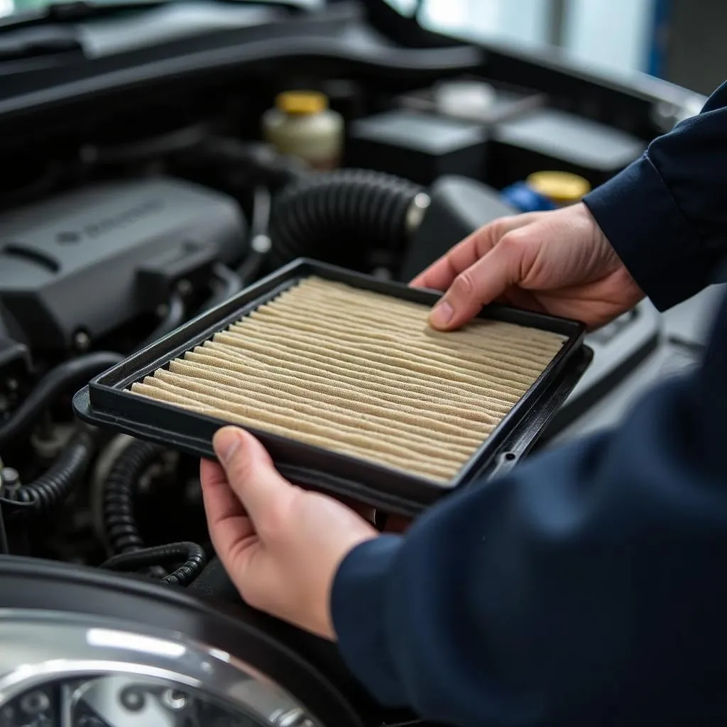 Mechanic inspecting engine air filter