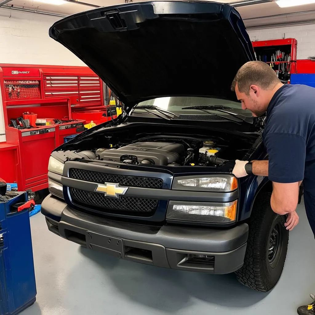 Mechanic Inspecting Engine of a Chevy Colorado