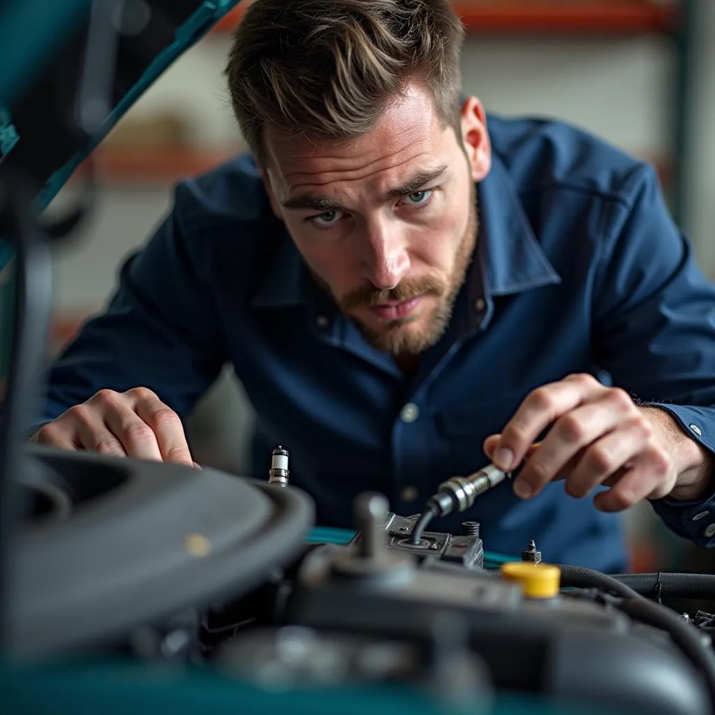 Mechanic inspecting engine spark plugs