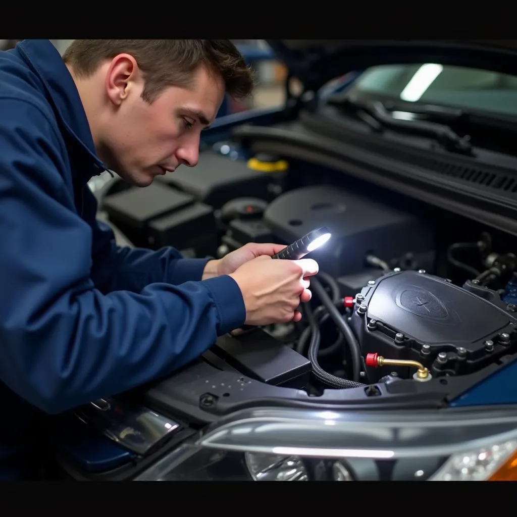 Mechanic inspecting the EVAP system of a car