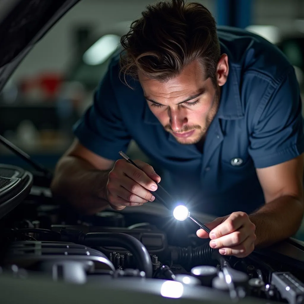 Mechanic Inspecting Lexus Engine