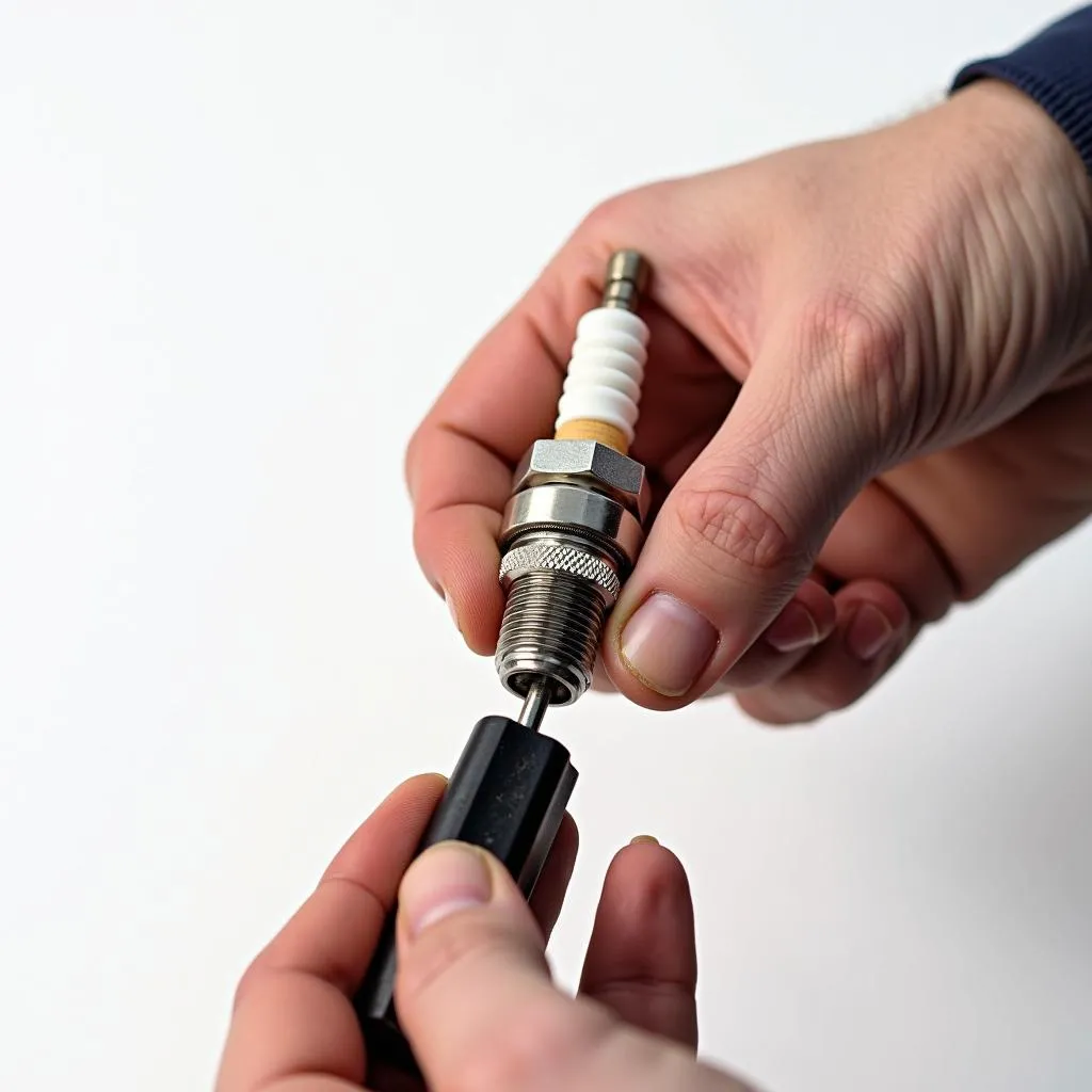 Mechanic Inspecting Spark Plug for Wear and Tear