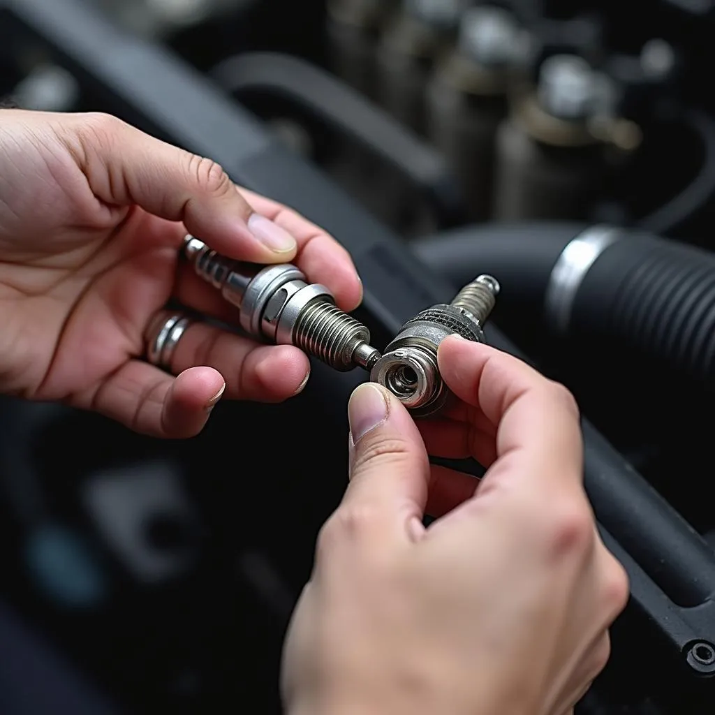 Mechanic examining spark plugs for signs of wear