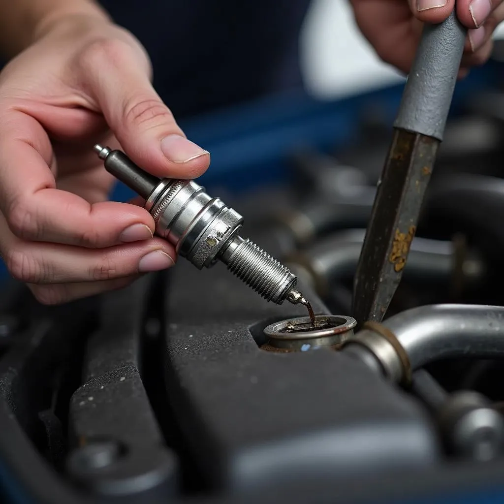 Mechanic inspecting spark plugs in a car engine