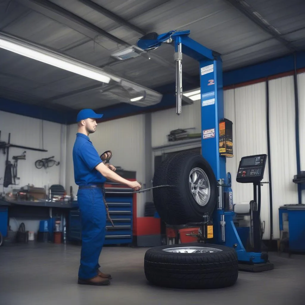 Mechanic Inspecting Tire for Balance