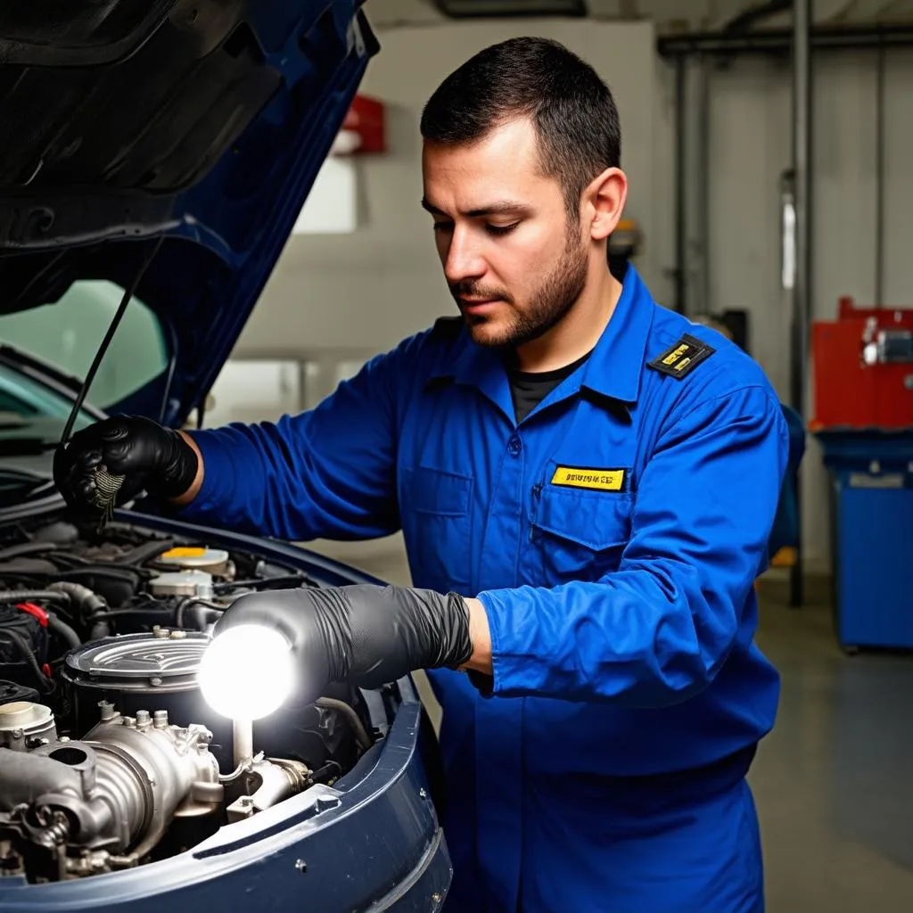 Mechanic Inspecting Turbocharger