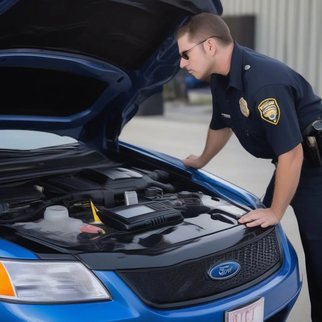 Mechanic inspecting engine bay of a Ford Crown Victoria