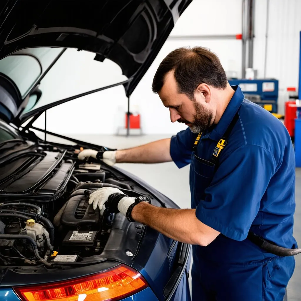 Mechanic Inspecting a Used Car in a Garage