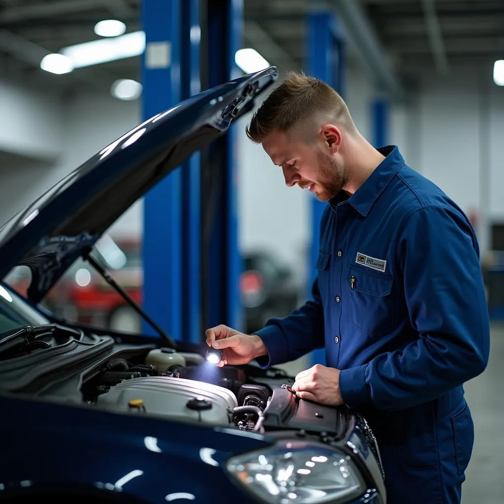 Mechanic inspecting a used rental car