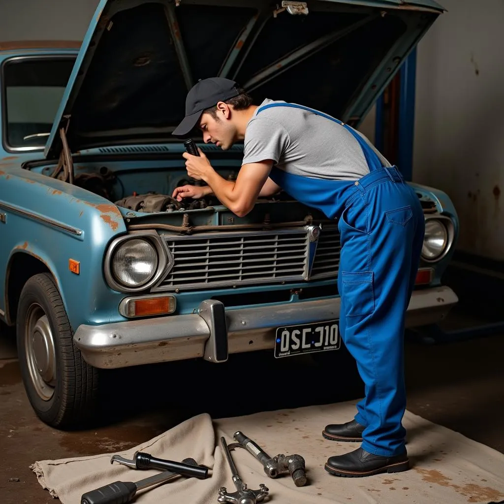 Mechanic inspecting a used car engine in a junkyard